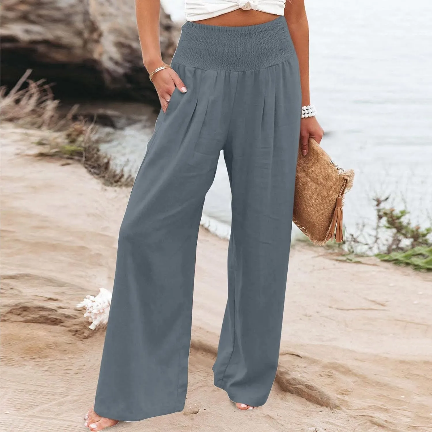 TIMIFIS Womens Cotton Linen Wide Leg Pants Summer High Waisted Palazzo Pants Baggy Long Lounge Pant Trousers with Pocket