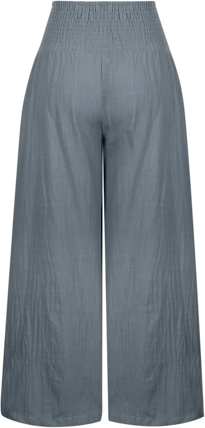 TIMIFIS Womens Cotton Linen Wide Leg Pants Summer High Waisted Palazzo Pants Baggy Long Lounge Pant Trousers with Pocket
