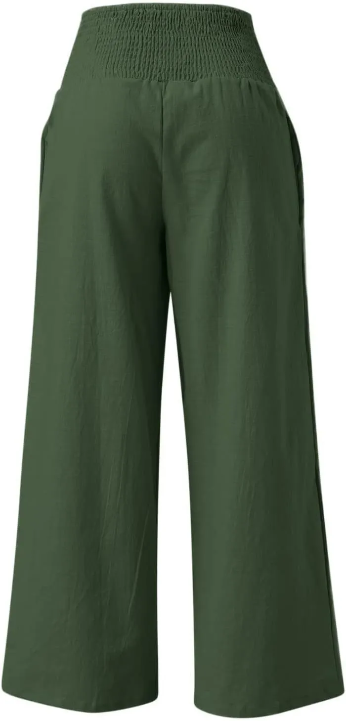 TIMIFIS Womens Cotton Linen Wide Leg Pants Summer High Waisted Palazzo Pants Baggy Long Lounge Pant Trousers with Pocket