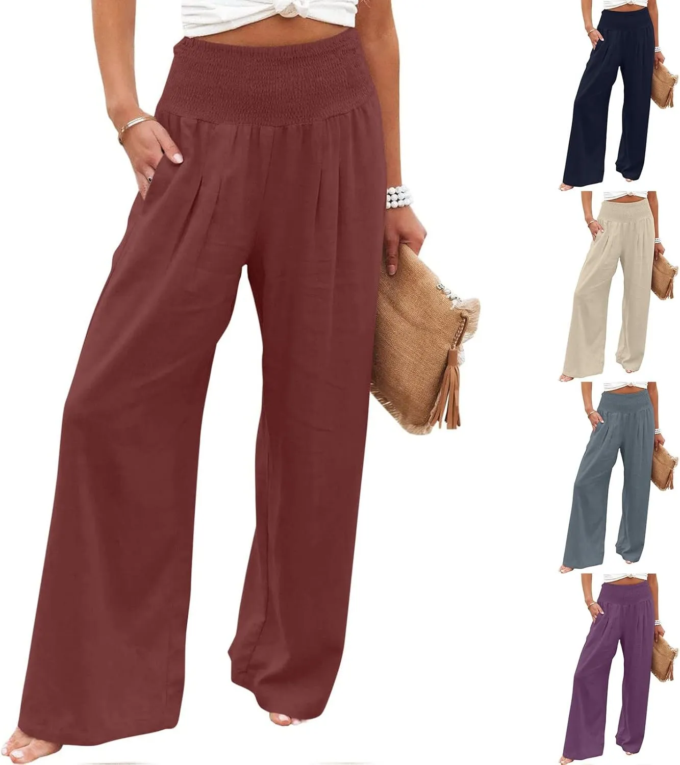 TIMIFIS Womens Cotton Linen Wide Leg Pants Summer High Waisted Palazzo Pants Baggy Long Lounge Pant Trousers with Pocket
