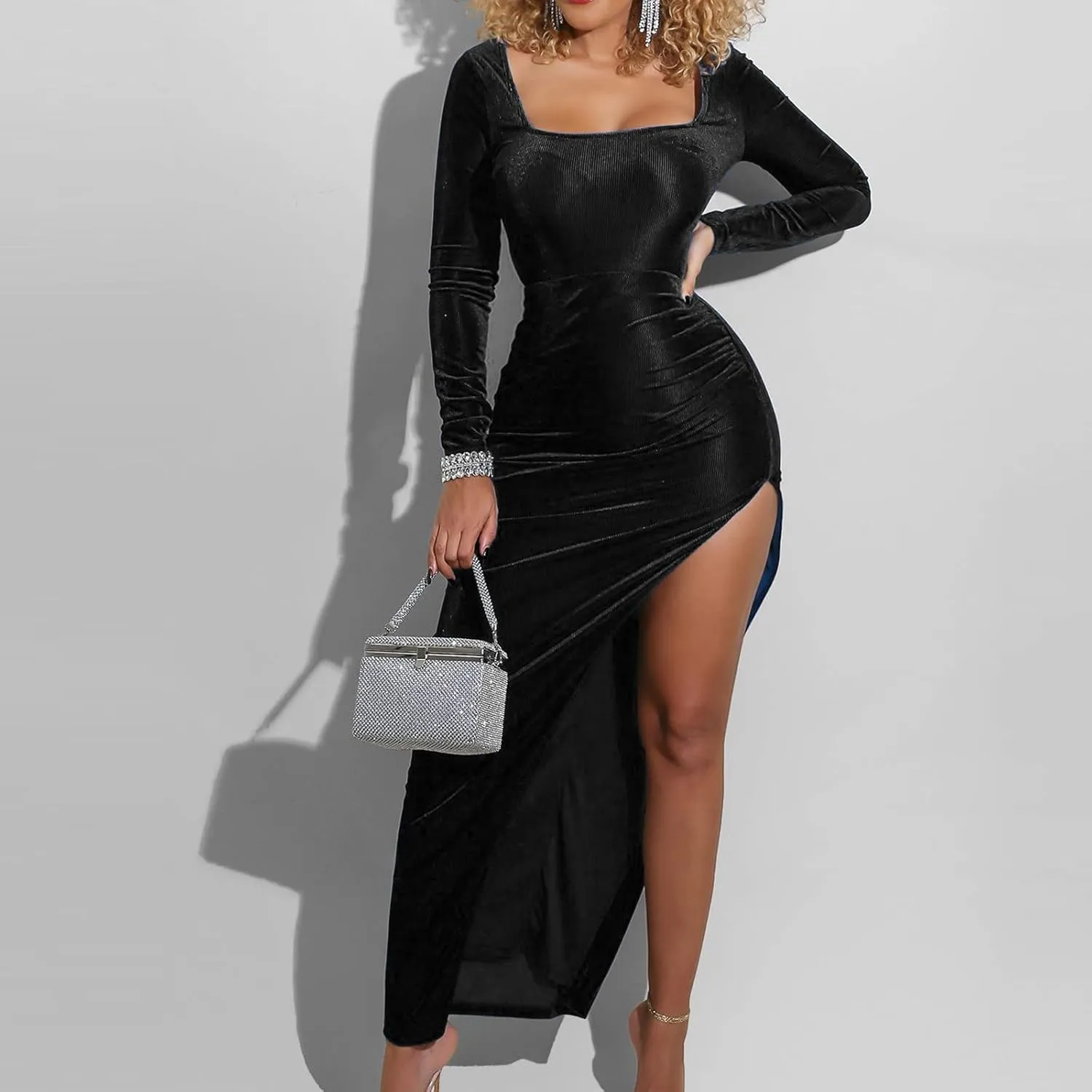 tuduoms Women's Sexy Velvet Maxi Dress High Slit Square Neck Bodycon Long Sleeve Formal Cocktail Party Dress Evening Gown