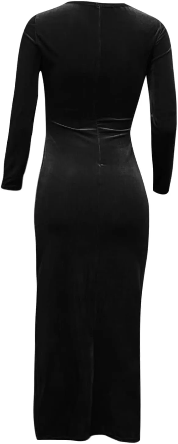 tuduoms Women's Sexy Velvet Maxi Dress High Slit Square Neck Bodycon Long Sleeve Formal Cocktail Party Dress Evening Gown