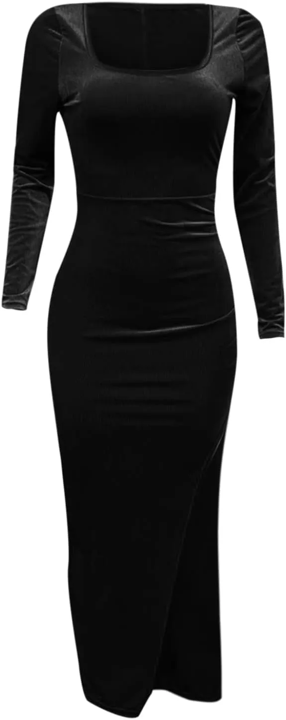 tuduoms Women's Sexy Velvet Maxi Dress High Slit Square Neck Bodycon Long Sleeve Formal Cocktail Party Dress Evening Gown
