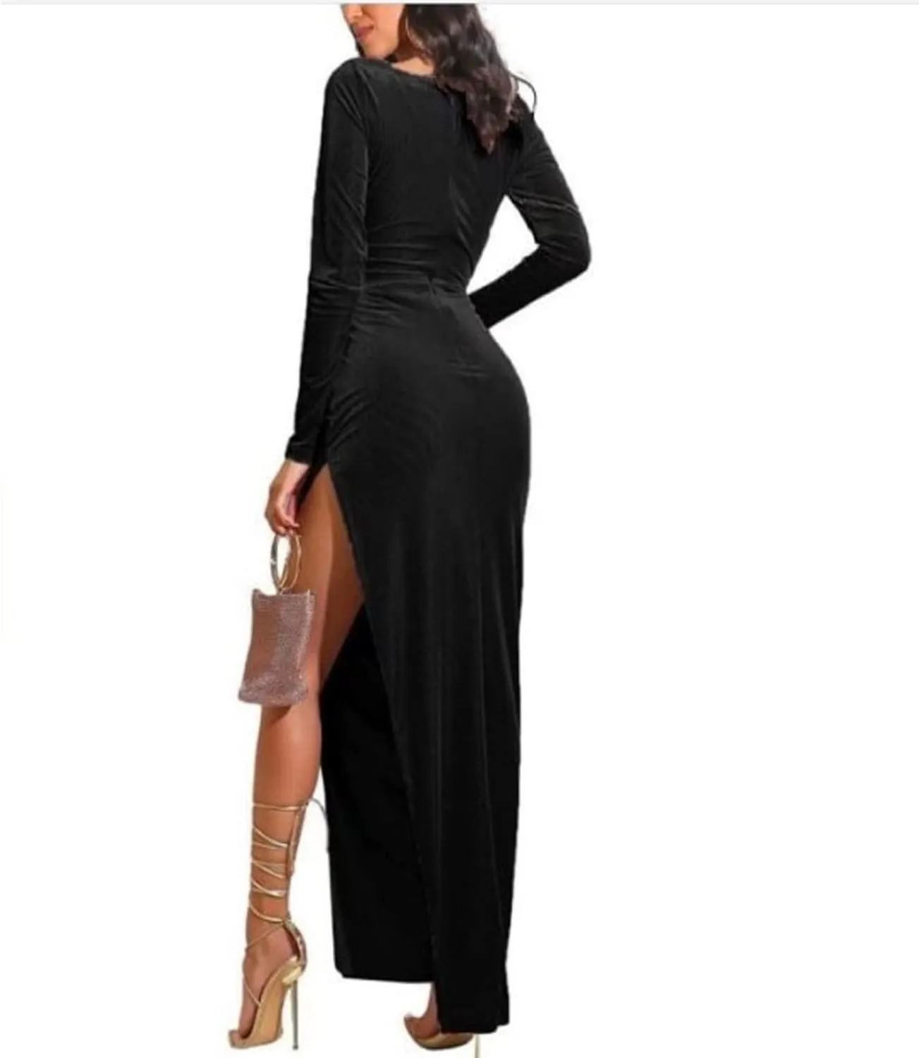 tuduoms Women's Sexy Velvet Maxi Dress High Slit Square Neck Bodycon Long Sleeve Formal Cocktail Party Dress Evening Gown