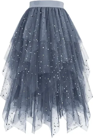 Tulle Skirts for Women Multi Layered Lace Mesh Midi Dress Elastic High Waist Irregular Hem A Line Flowy Skirt 2025