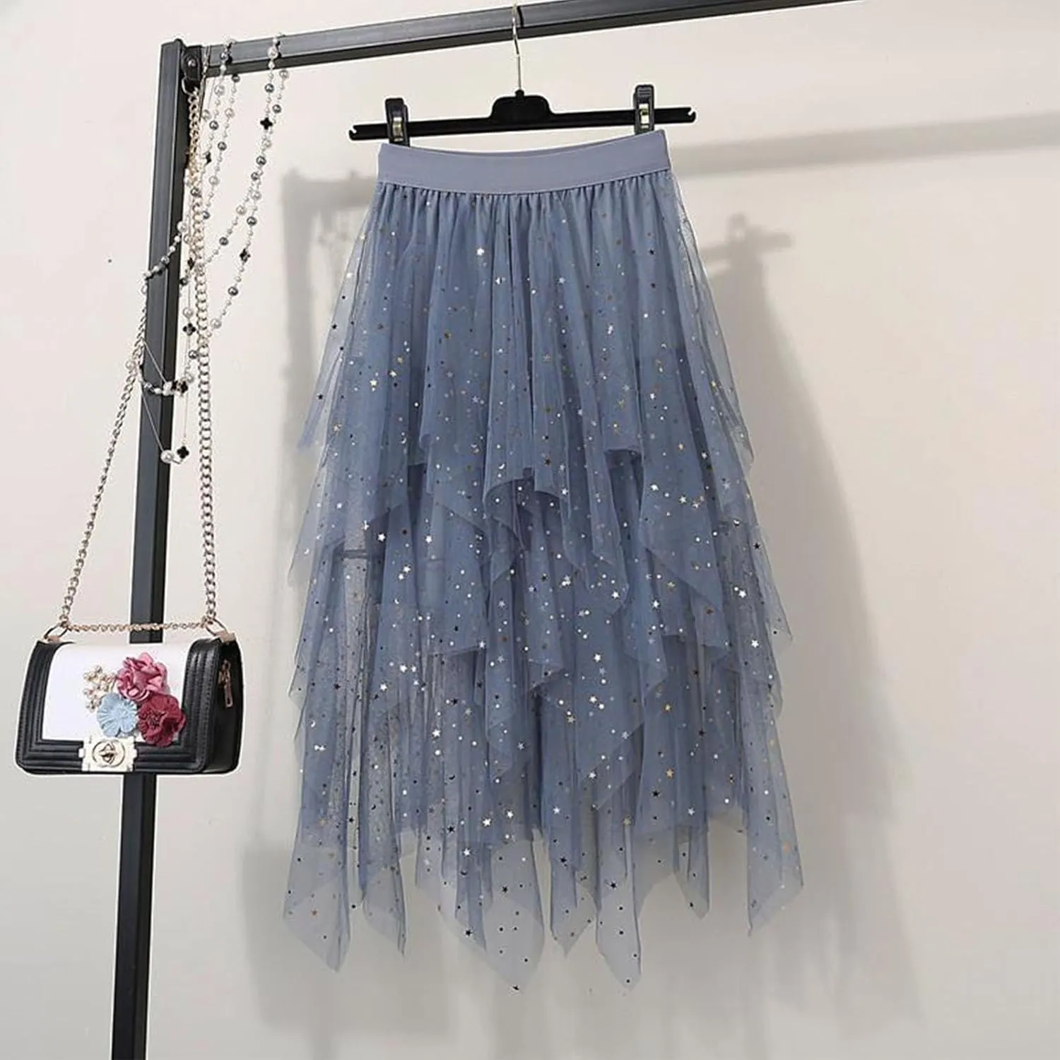 Tulle Skirts for Women Multi Layered Lace Mesh Midi Dress Elastic High Waist Irregular Hem A Line Flowy Skirt 2025