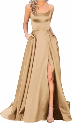 TWGONE Prom Dresses for Women 2025 Spaghetti Straps Formal Party Maxi Dress Satin Evening Gowns with Pockets