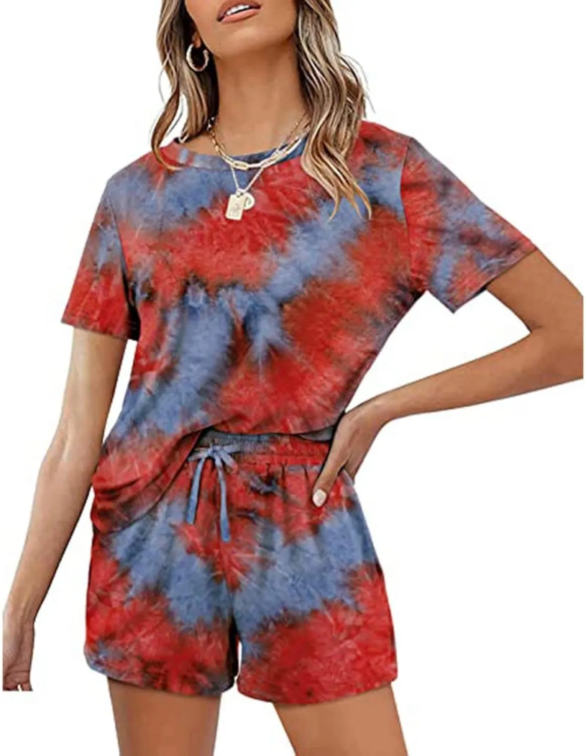 Two Piece Summer Outfits 2 Piece Lounge Sets Casual Loose Fit Short Sleeve Top and Drawstring Shorts Loungewear