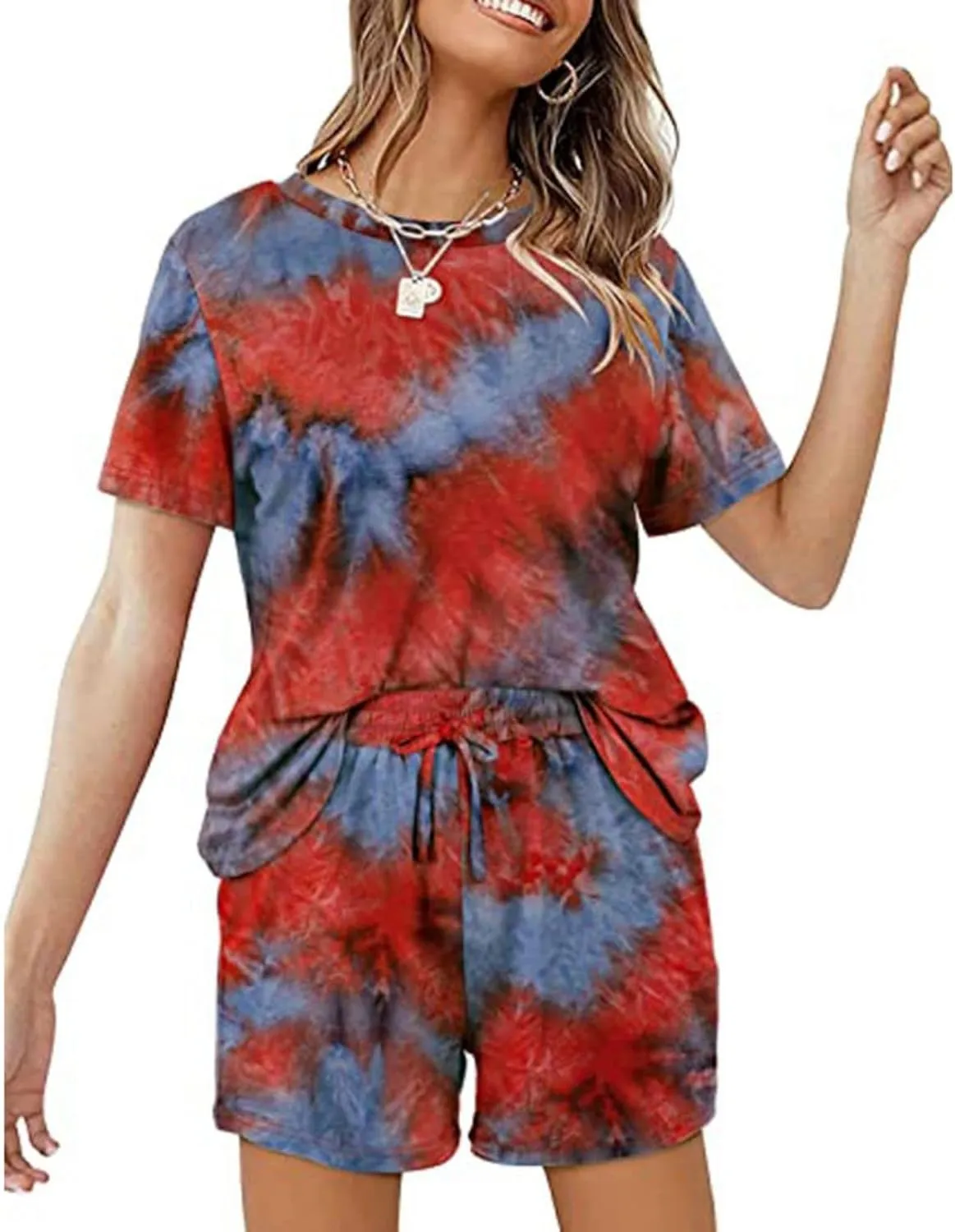 Two Piece Summer Outfits 2 Piece Lounge Sets Casual Loose Fit Short Sleeve Top and Drawstring Shorts Loungewear