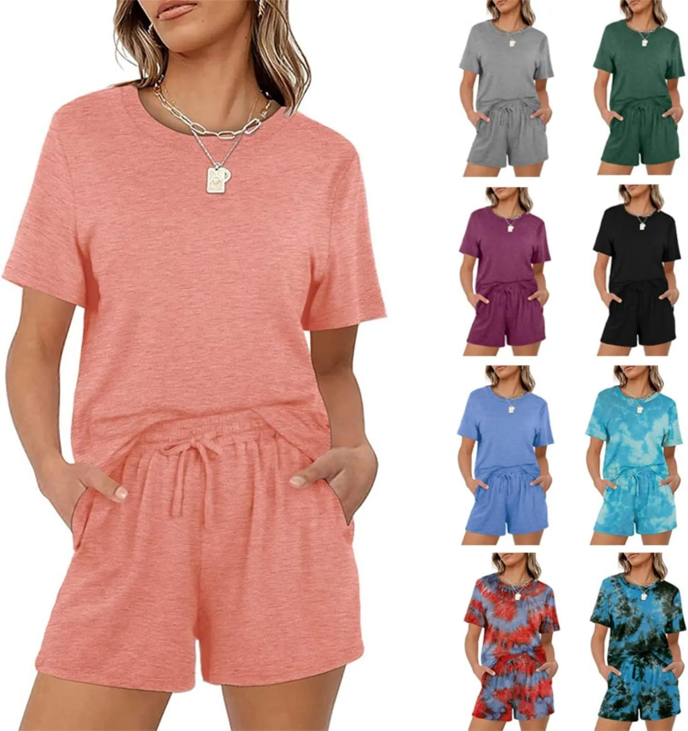 Two Piece Summer Outfits 2 Piece Lounge Sets Casual Loose Fit Short Sleeve Top and Drawstring Shorts Loungewear