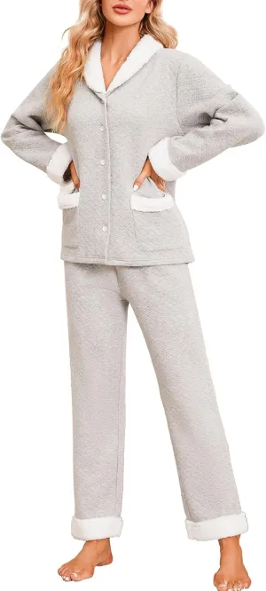 U2SKIIN Womens Pajama Set Soft Warm Sherpa Shawl Collar Long Sleeve Quilted Fabric Cotton Cozy Button-Down Pjs