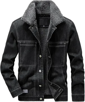 Uillui Men's Vintage Fleece Sherpa Lined Denim Trucker Jackets Button Down Denim Biker Jacket Thickened Winter Jean Coats
