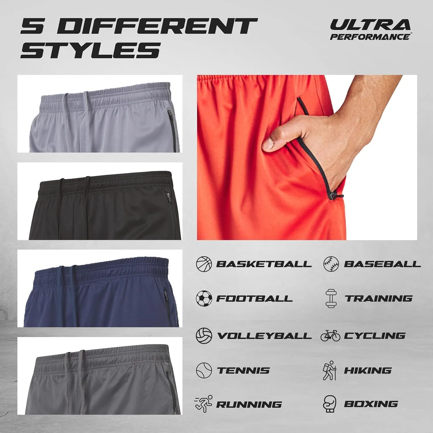 Ultra Performance Mens 5 Pack Athletic Running Shorts, Basketball Gym Workout Shorts for Men with Zippered Pockets