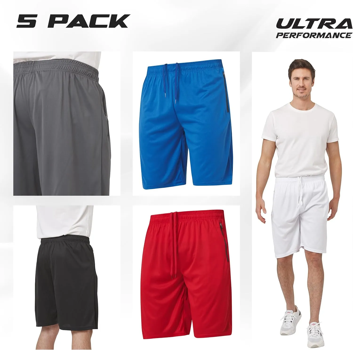 Ultra Performance Mens 5 Pack Athletic Running Shorts, Basketball Gym Workout Shorts for Men with Zippered Pockets