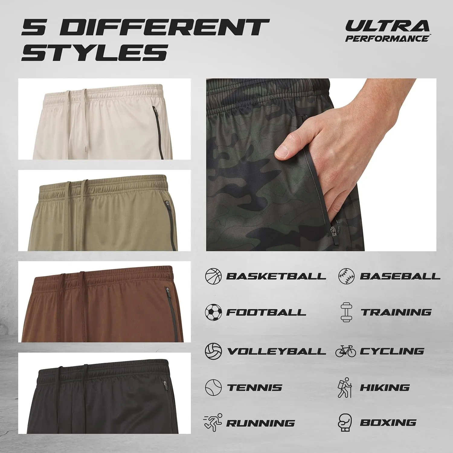 Ultra Performance Mens 5 Pack Athletic Running Shorts, Basketball Gym Workout Shorts for Men with Zippered Pockets