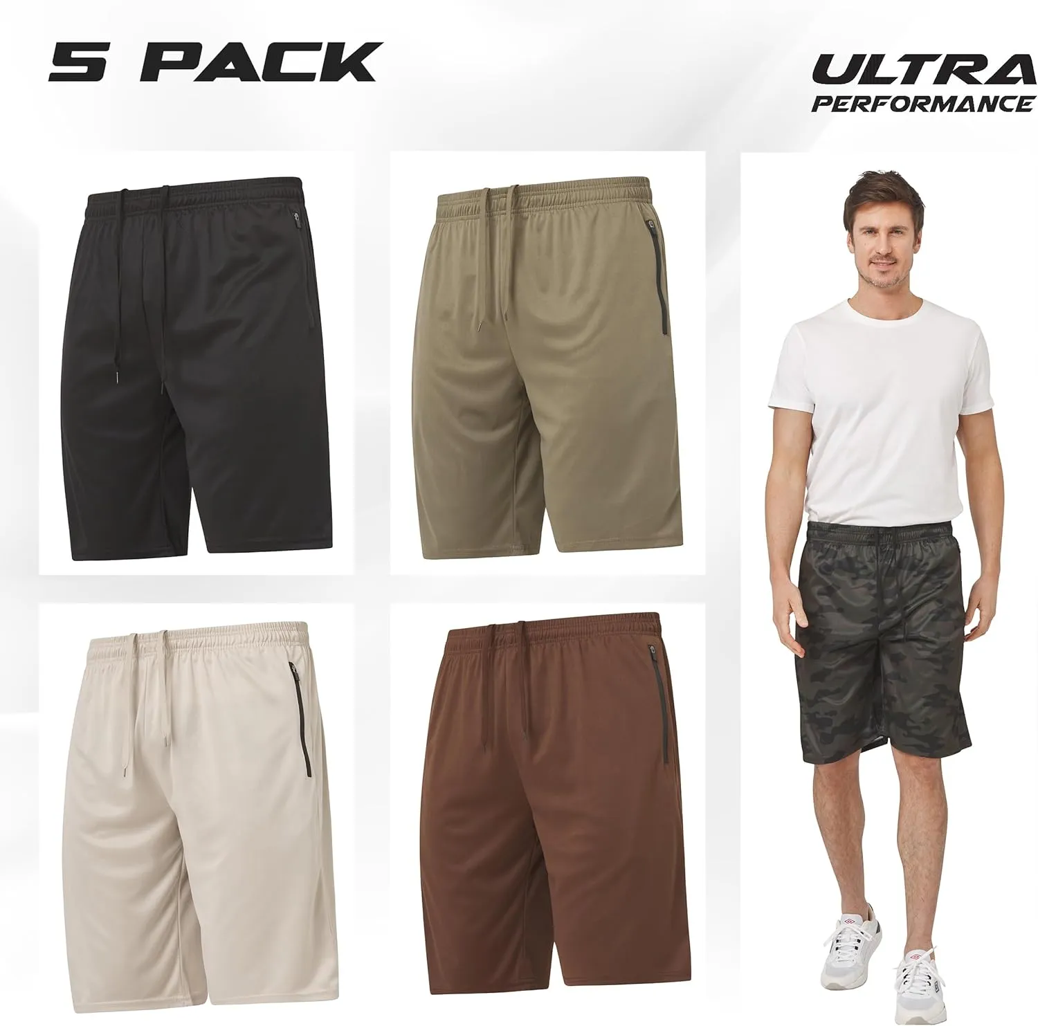 Ultra Performance Mens 5 Pack Athletic Running Shorts, Basketball Gym Workout Shorts for Men with Zippered Pockets