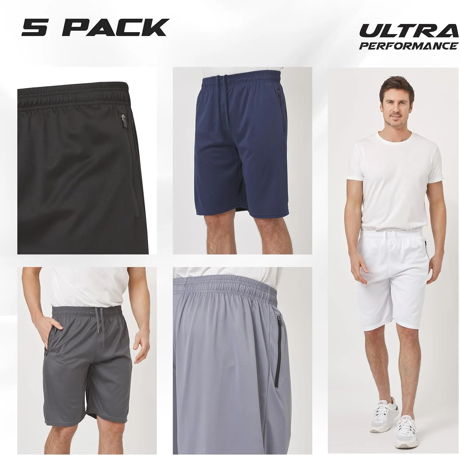 Ultra Performance Mens 5 Pack Athletic Running Shorts, Basketball Gym Workout Shorts for Men with Zippered Pockets