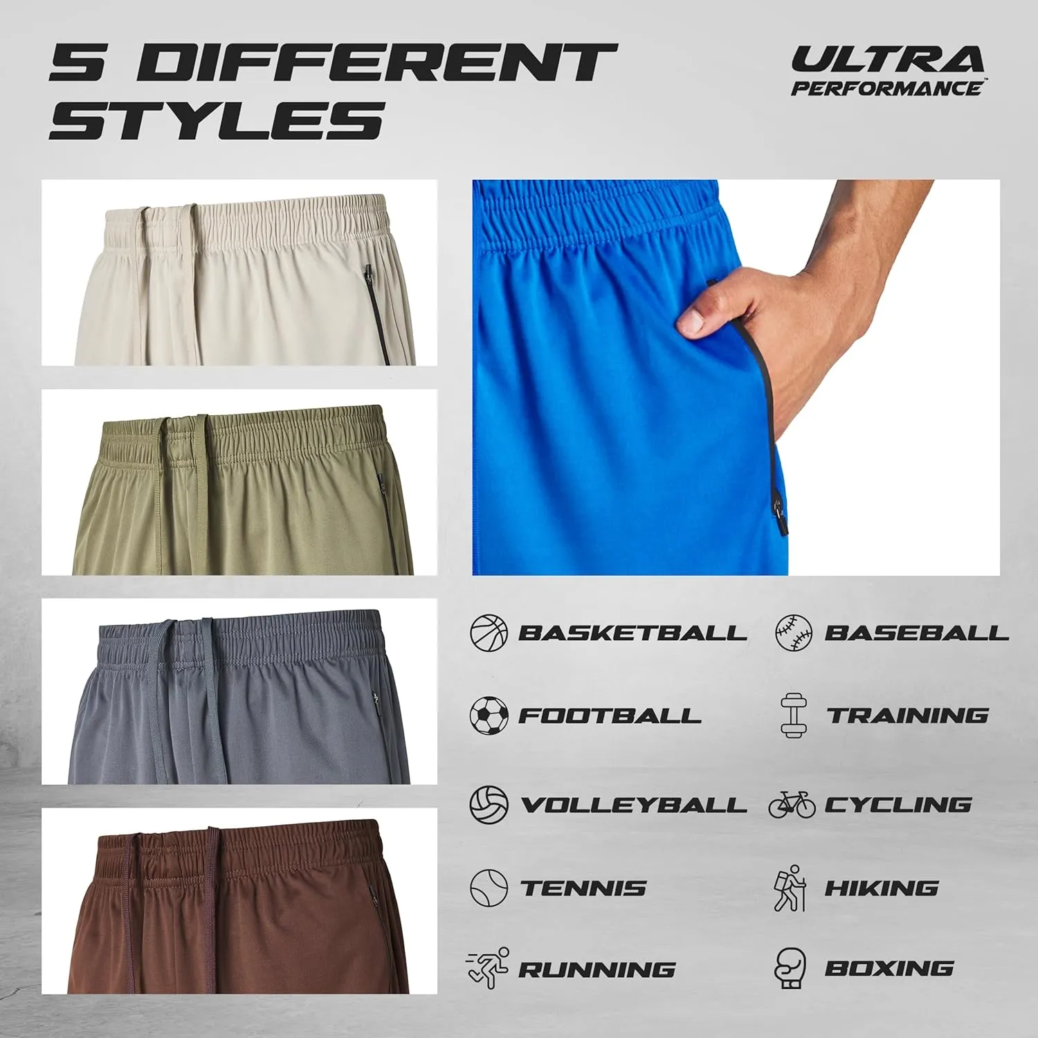 Ultra Performance Mens 5 Pack Athletic Running Shorts, Basketball Gym Workout Shorts for Men with Zippered Pockets