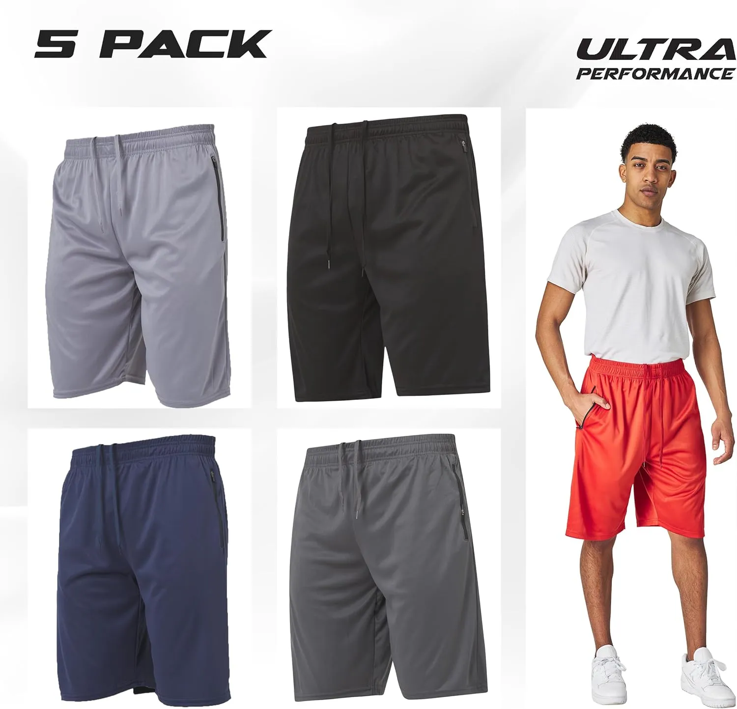 Ultra Performance Mens 5 Pack Athletic Running Shorts, Basketball Gym Workout Shorts for Men with Zippered Pockets
