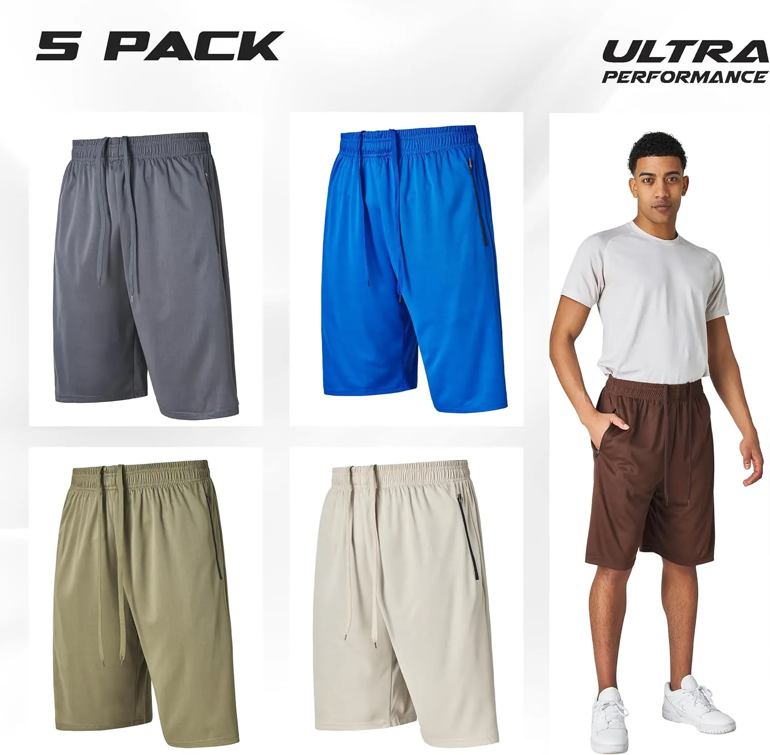 Ultra Performance Mens 5 Pack Athletic Running Shorts, Basketball Gym Workout Shorts for Men with Zippered Pockets