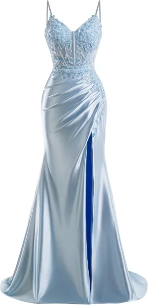 V Neck Satin Prom Dresses Long 2025 Mermaid Beaded Formal Dresses Pleated Evening Party Gown with Slit