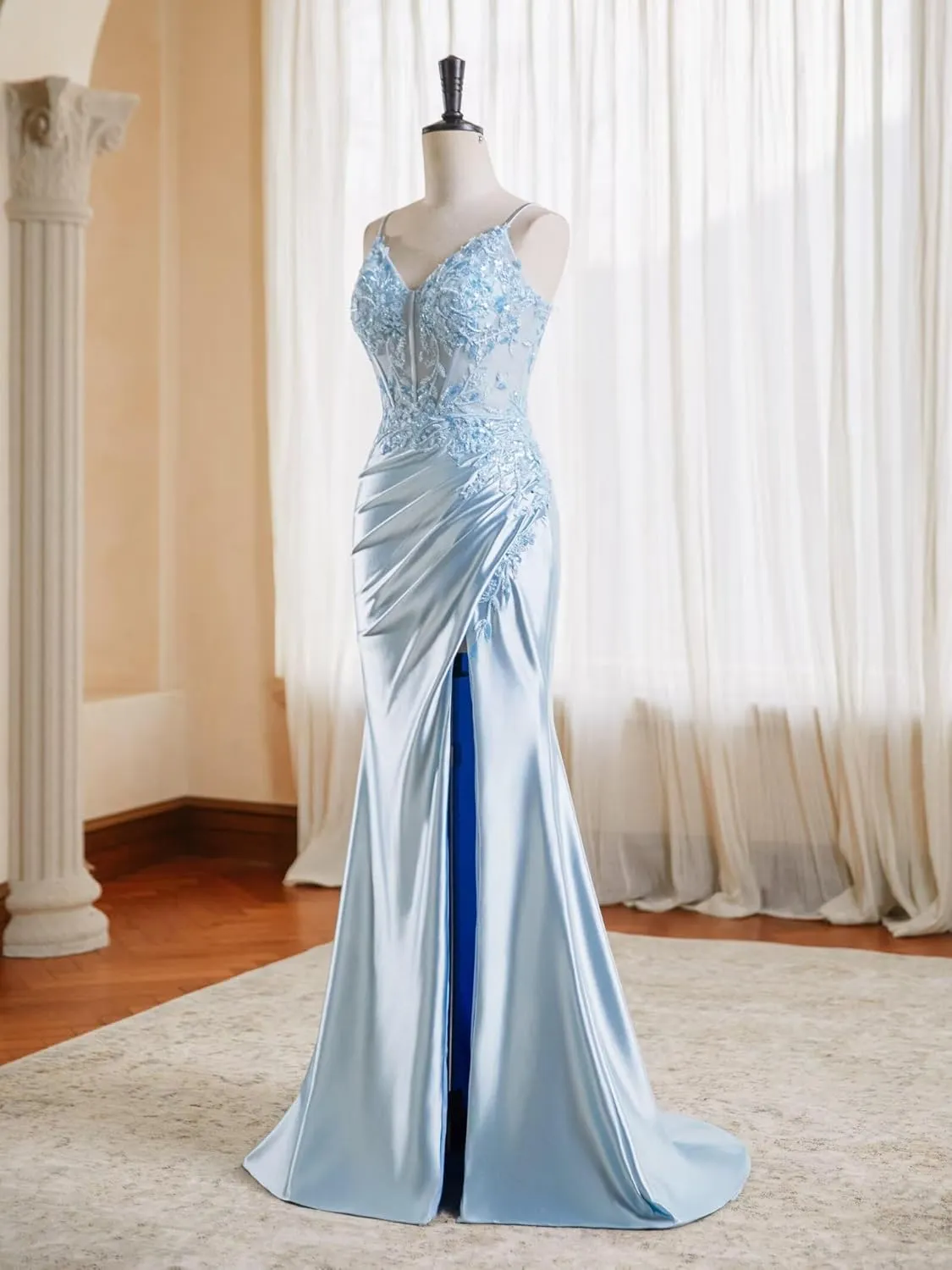 V Neck Satin Prom Dresses Long 2025 Mermaid Beaded Formal Dresses Pleated Evening Party Gown with Slit