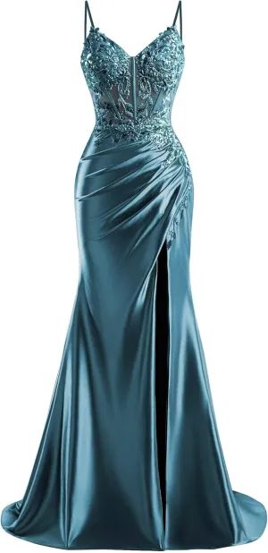 V Neck Satin Prom Dresses Long 2025 Mermaid Beaded Formal Dresses Pleated Evening Party Gown with Slit