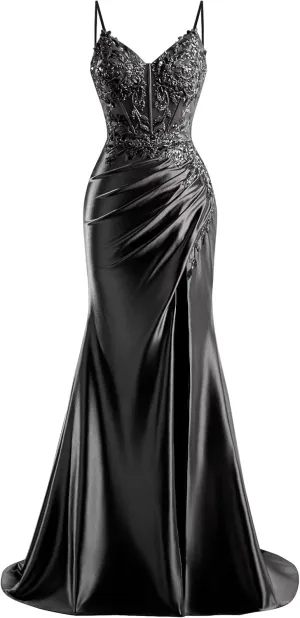 V Neck Satin Prom Dresses Long 2025 Mermaid Beaded Formal Dresses Pleated Evening Party Gown with Slit