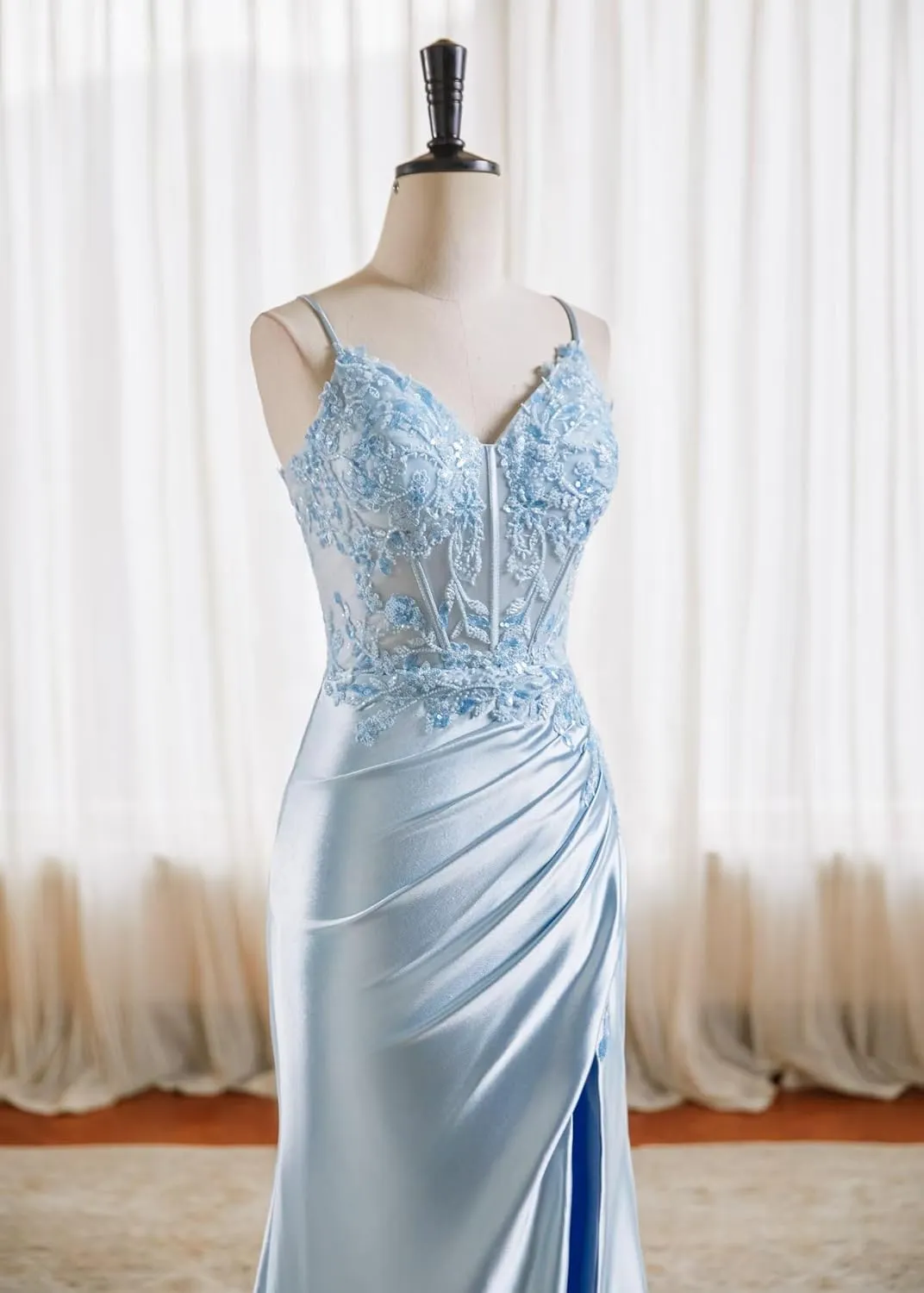 V Neck Satin Prom Dresses Long 2025 Mermaid Beaded Formal Dresses Pleated Evening Party Gown with Slit
