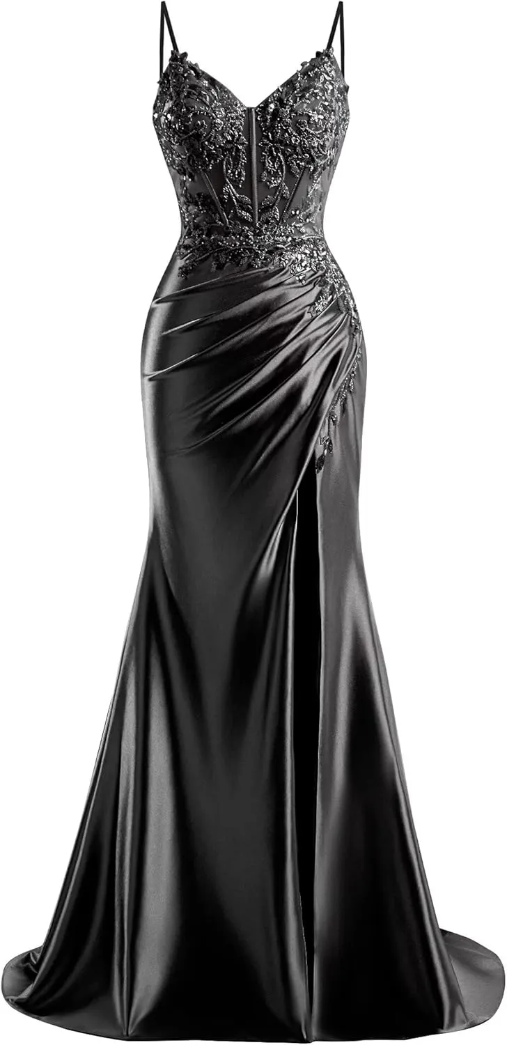 V Neck Satin Prom Dresses Long 2025 Mermaid Beaded Formal Dresses Pleated Evening Party Gown with Slit