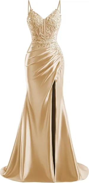 V Neck Satin Prom Dresses Long 2025 Mermaid Beaded Formal Dresses Pleated Evening Party Gown with Slit