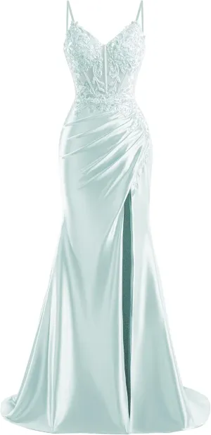 V Neck Satin Prom Dresses Long 2025 Mermaid Beaded Formal Dresses Pleated Evening Party Gown with Slit