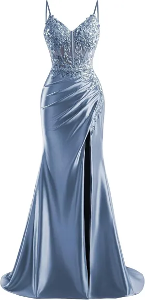 V Neck Satin Prom Dresses Long 2025 Mermaid Beaded Formal Dresses Pleated Evening Party Gown with Slit