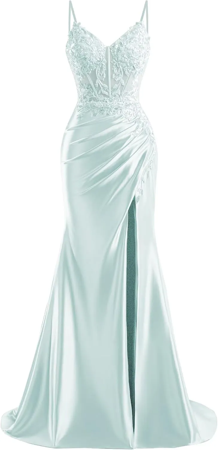 V Neck Satin Prom Dresses Long 2025 Mermaid Beaded Formal Dresses Pleated Evening Party Gown with Slit