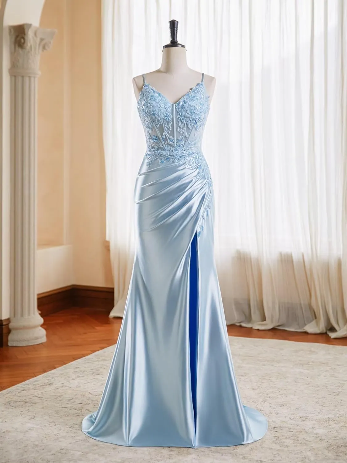 V Neck Satin Prom Dresses Long 2025 Mermaid Beaded Formal Dresses Pleated Evening Party Gown with Slit