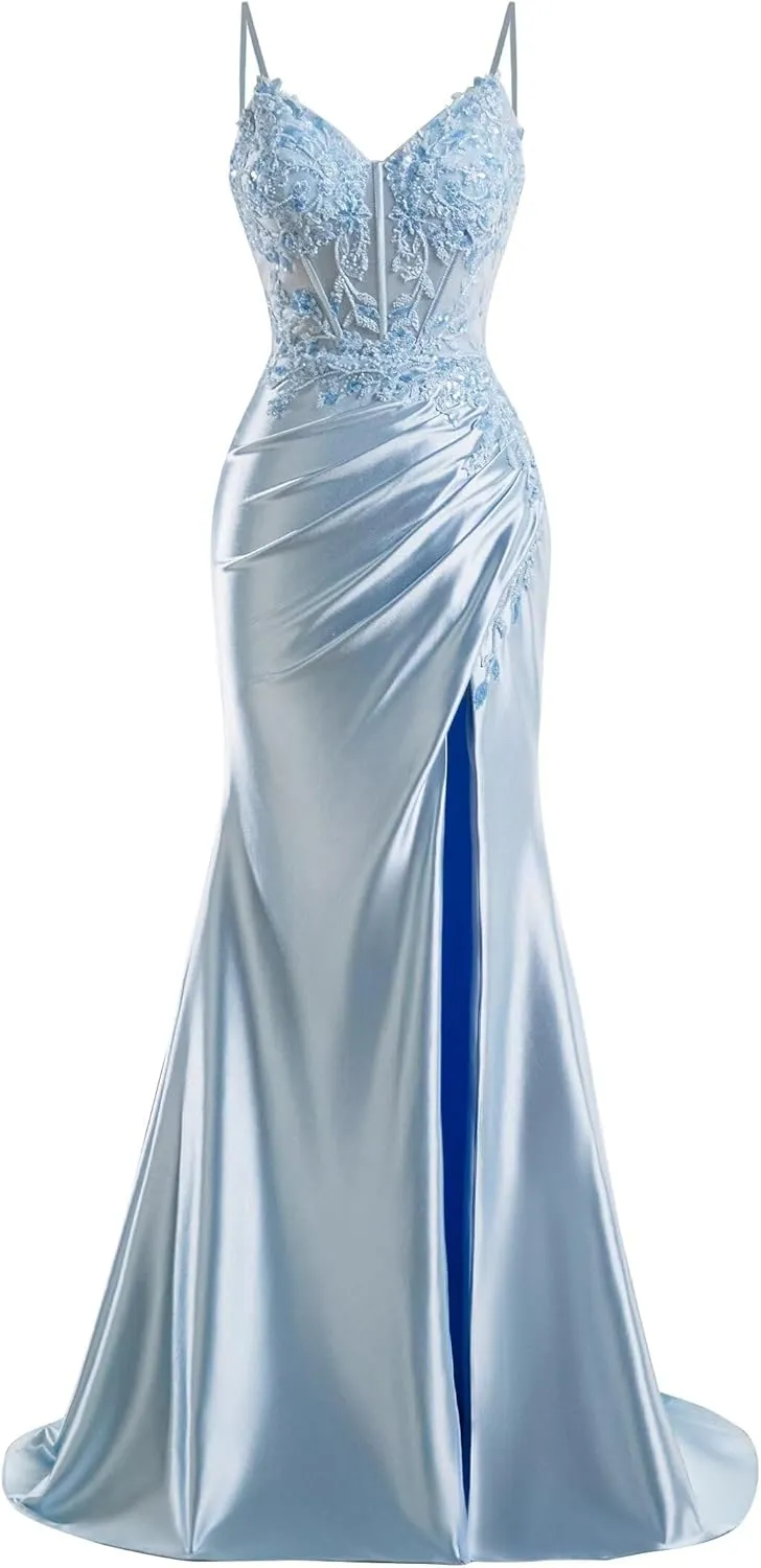 V Neck Satin Prom Dresses Long 2025 Mermaid Beaded Formal Dresses Pleated Evening Party Gown with Slit