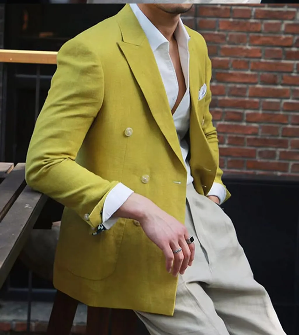VENNYNG Men's Linen Blazer Summer Jacket Beach Casual Sport Coat Tailored Fit Double Breasted Blazer Six-Buttons