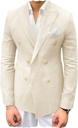 VENNYNG Men's Linen Blazer Summer Jacket Beach Casual Sport Coat Tailored Fit Double Breasted Blazer Six-Buttons