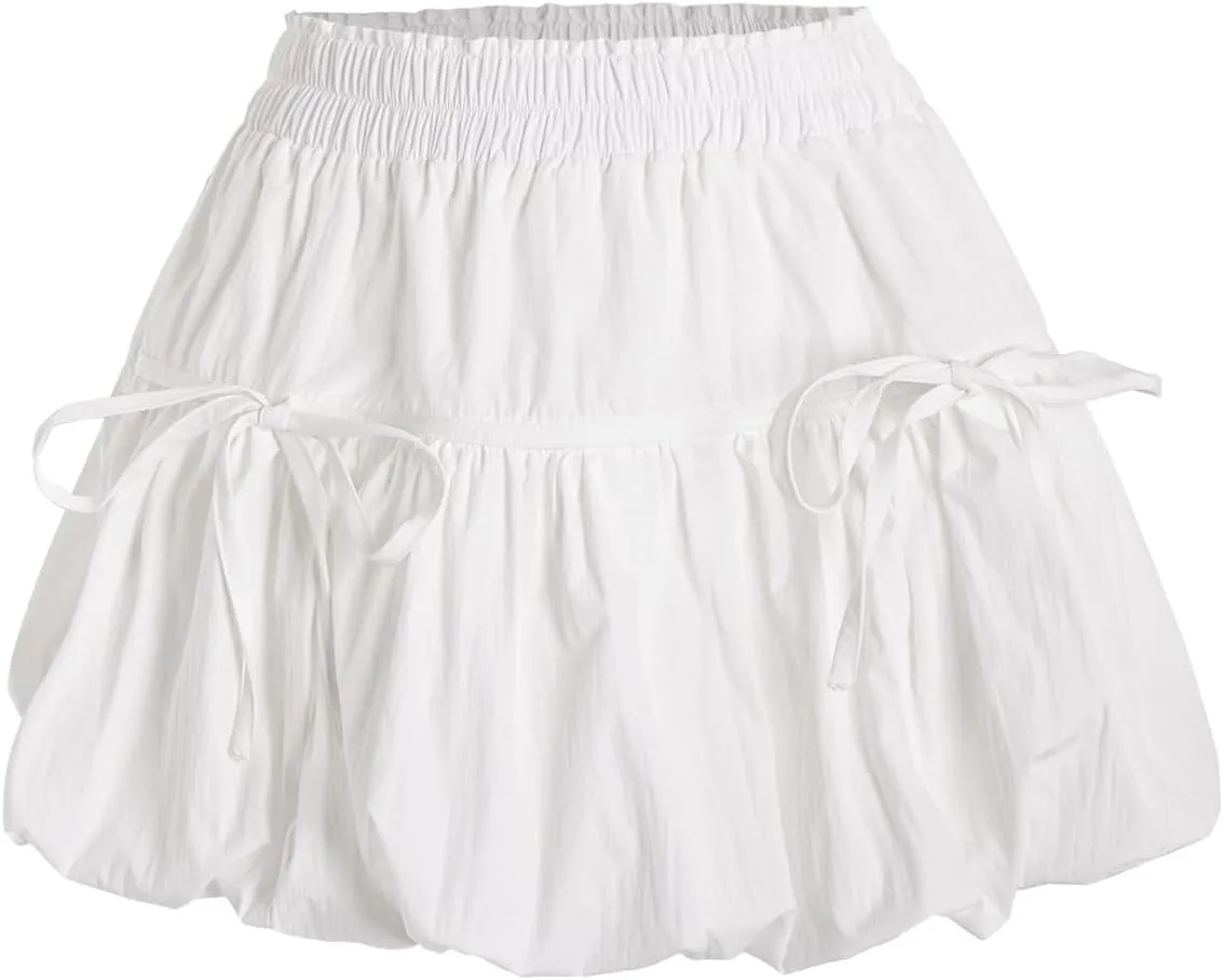 Verdusa Women's Bubble Skirt Ruffled Pleated Mini Skirt Elastic Waist Short Skater Skirts
