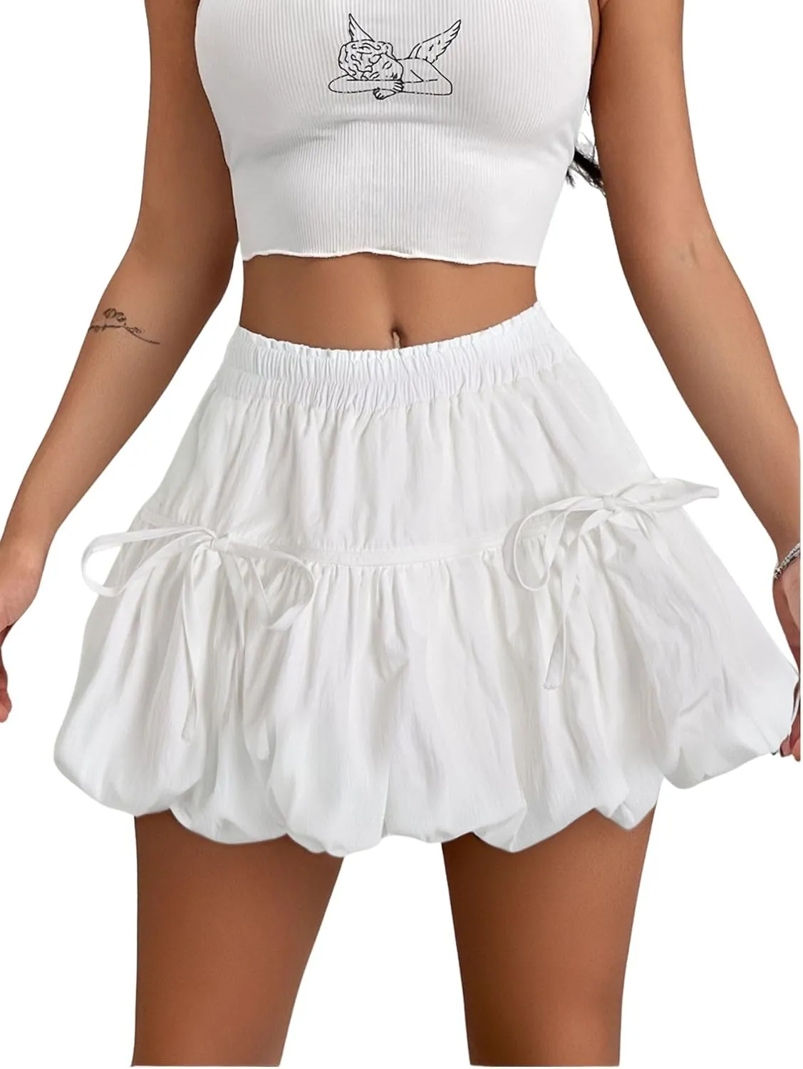 Verdusa Women's Bubble Skirt Ruffled Pleated Mini Skirt Elastic Waist Short Skater Skirts