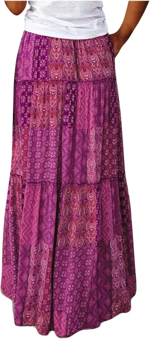 Vintage Boho Maxi Skirt for Women Summer Layered Ruffle A-Line Skirts Elastic High Waist Casual Flowy Beach Skirt