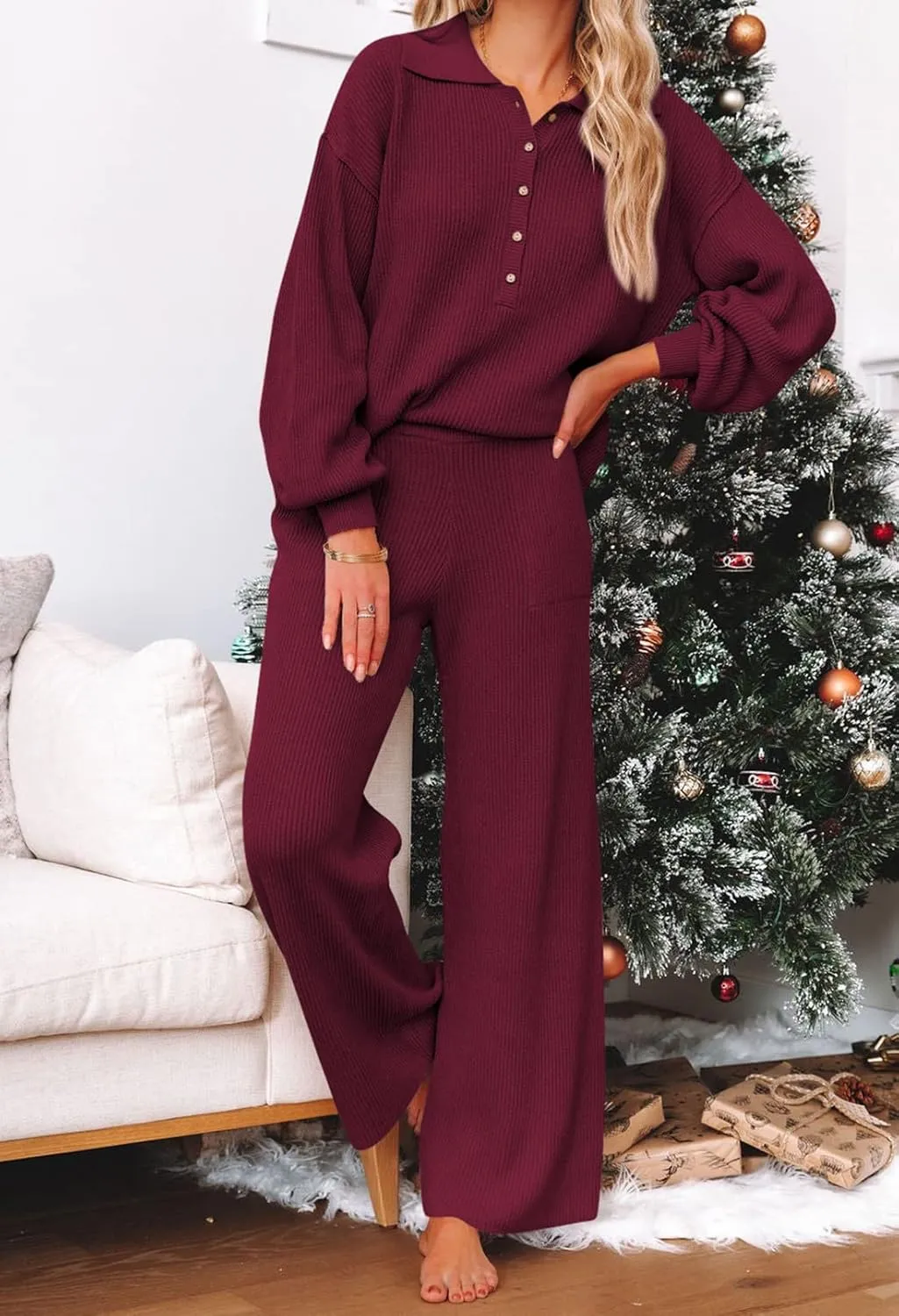 Viottiset Women's 2 Piece Outfits Knit Sweater Lounge Set Long Sleeve Casual Sweatsuit