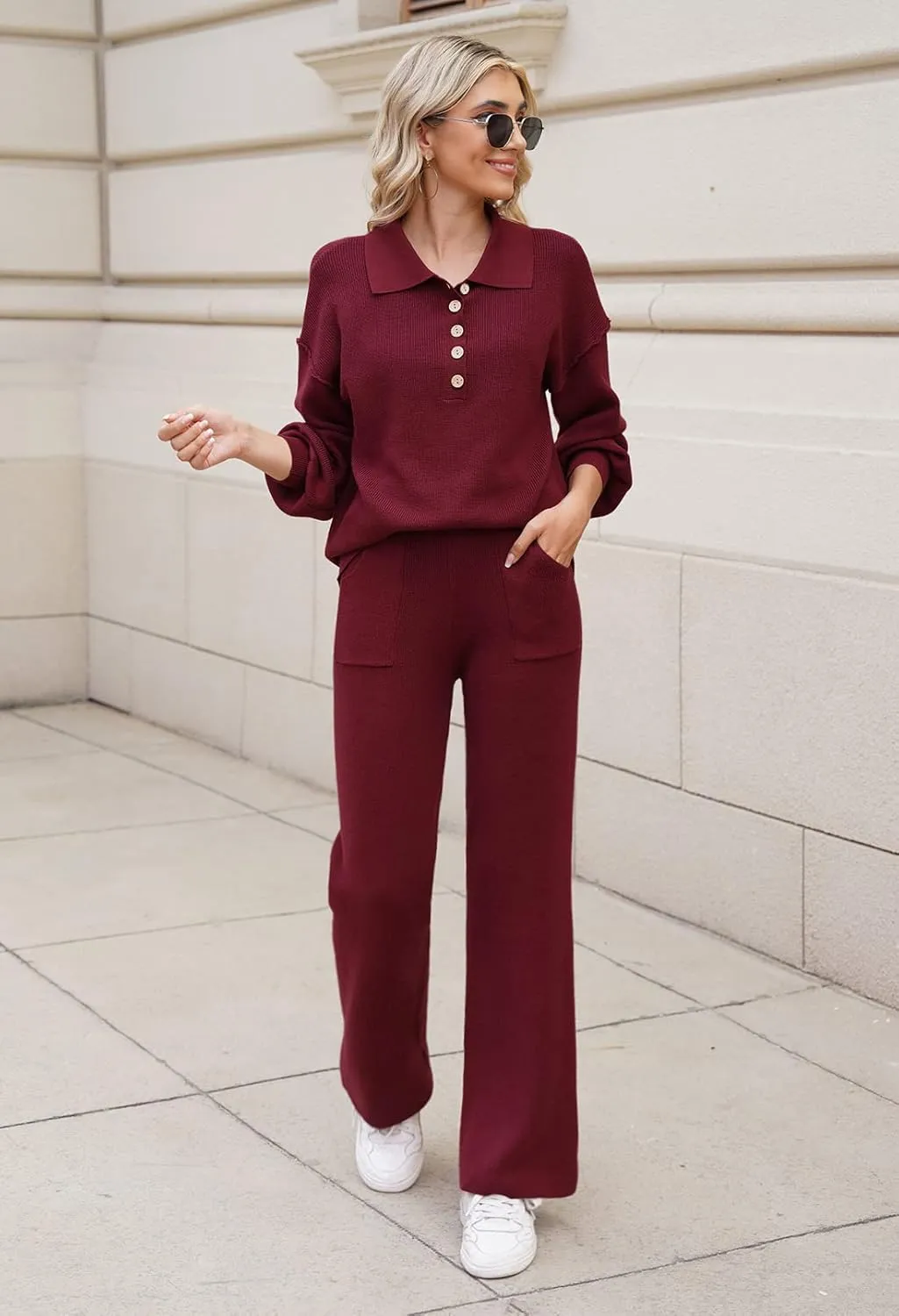 Viottiset Women's 2 Piece Outfits Knit Sweater Lounge Set Long Sleeve Casual Sweatsuit