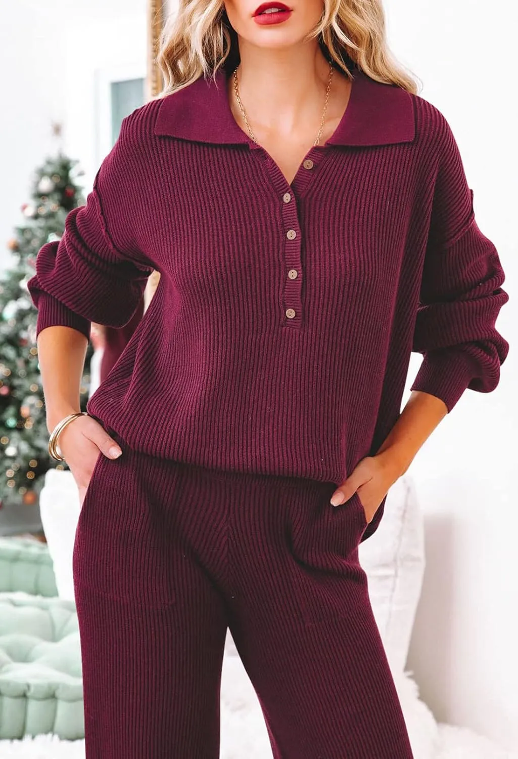 Viottiset Women's 2 Piece Outfits Knit Sweater Lounge Set Long Sleeve Casual Sweatsuit