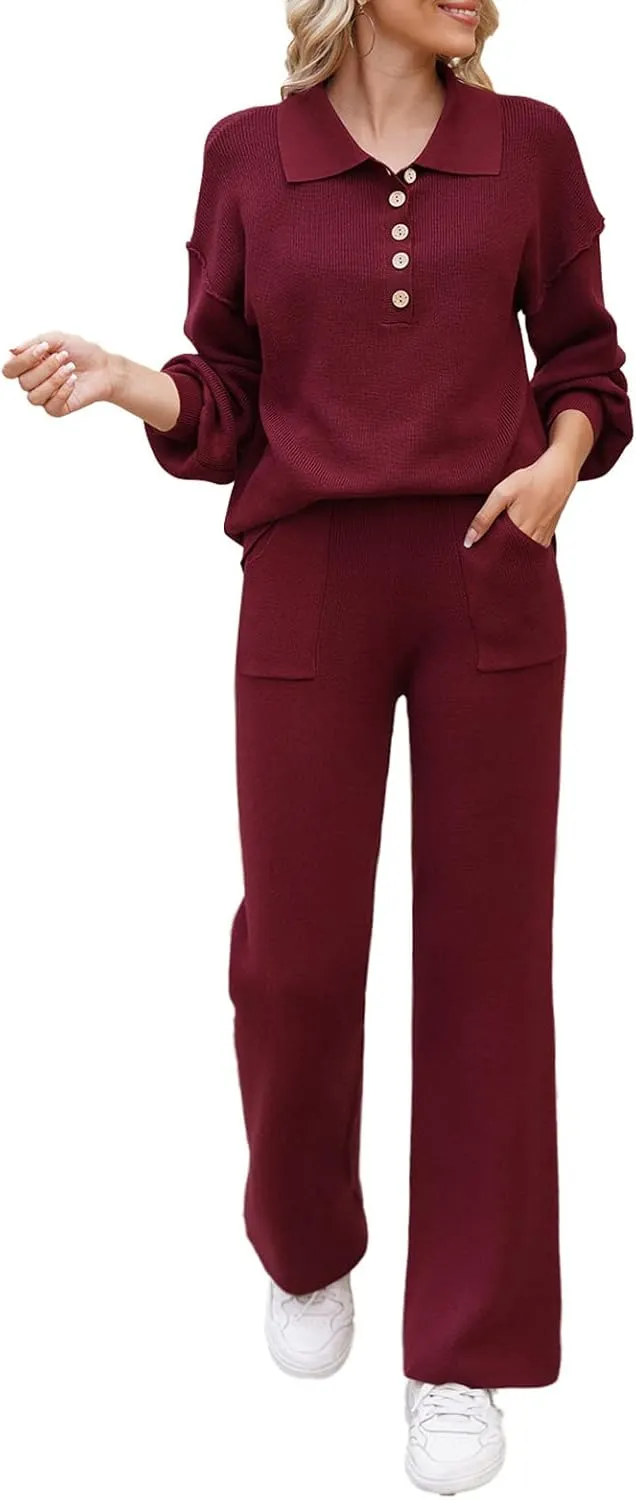 Viottiset Women's 2 Piece Outfits Knit Sweater Lounge Set Long Sleeve Casual Sweatsuit