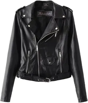 VIVICOLOR Faux Leather Crop Jacket for Women Slim PU Leather Short Coat Women's Belted Moto Biker Zip Leather Jacket