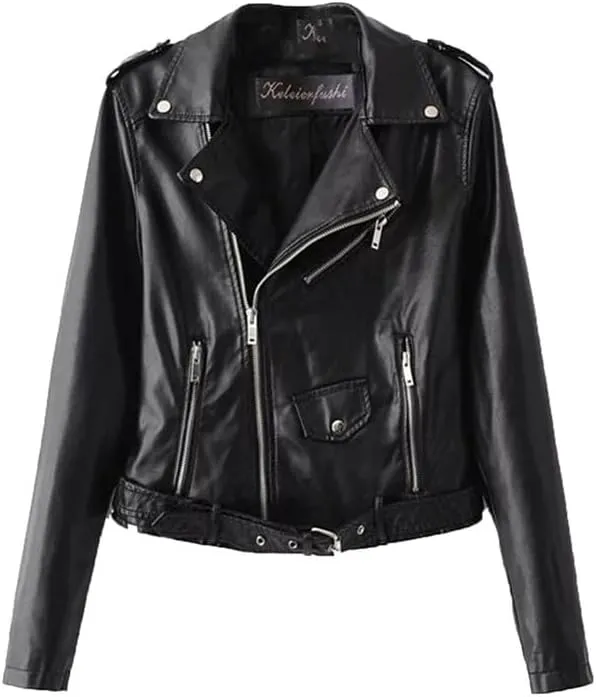VIVICOLOR Faux Leather Crop Jacket for Women Slim PU Leather Short Coat Women's Belted Moto Biker Zip Leather Jacket
