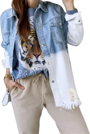 VIVICOLOR Women's Denim Trucker Jacket Women's Distressed Long Sleeve Oversized Denim Jacket Ripped Jeans Jacket