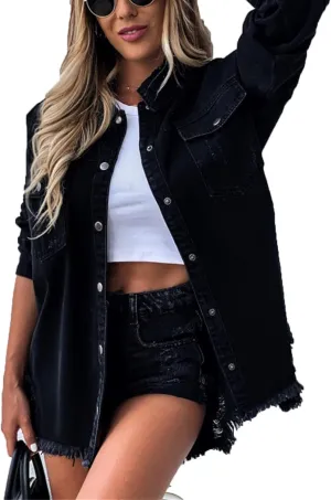VIVICOLOR Women's Denim Trucker Jacket Women's Distressed Long Sleeve Oversized Denim Jacket Ripped Jeans Jacket