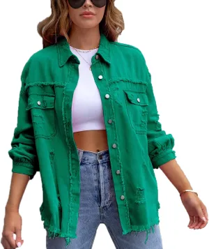 VIVICOLOR Women's Frayed Denim Trucker Jackets Women's Ripped Oversized Denim Jacket Washed Distressed Jean Jacket